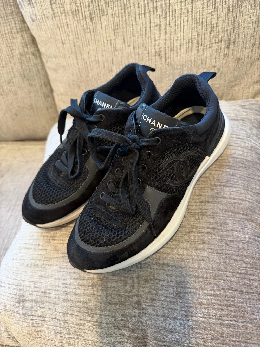 CHANEL Calfskin Mesh Lycra Suede Womens Logo Sneakers ⭐️size 38 AUTHENTIC